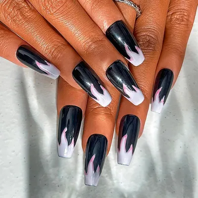 Produktbild von Künstliche Nägel Rosa Flamme Schwarz Glänzend Acryl Langer Sarg 10 Stück