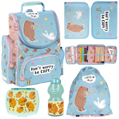 Produktbild von Schulranzen Capybara für Kinder mit Federmäppchen 1-3 Klasse 5-TEILIGES SCHULSET
