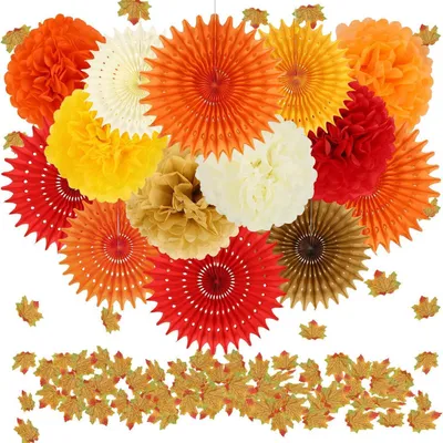 Produktbild von 17er Set Party Dekoration Papier Pompoms Girlande Beige Orange Rot Khaki für Hochzeit Geburtstag Herbstdeko