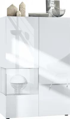 Produktbild von Vladon Vitrine Morena V2,  Germany, Standvitrine mit 2 Türen und Glaseinsatz, Korpus Weiß matt, Fronten Weiß Hochglanz, Cube Weiß matt  (91,5 x 136,5 x 37 cm)
