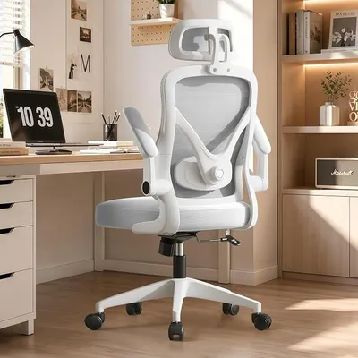 Imagen del producto de Silla de oficina ergonómica con soporte lumbar ajustable. Silla de escritorio con reposabrazos plegables, silla de ordenador de malla con función de inclinación, silla giratoria de altura ajustable para trabajar desde casa, color blanco