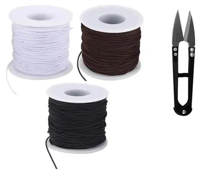 Produktbild von 3 Rollen Gummiband für Armbänder 1mm x 50m Gummikordel Elastische Faden mit Schere für DIY Schmuck Herstellung Halskette Armband Handwerk (Schwarz Weiß Schokoladenbraun)
