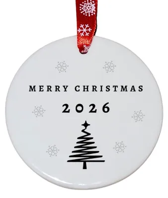 Keramik-Weihnachtsanhänger, weiß, 7,3 cm, mit rotem Band