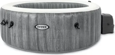An inflatable hot tub with a grey wood-like exterior and a white inner rim, set against a white background.