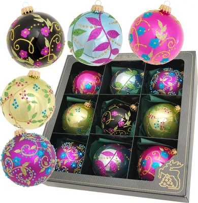 Produktbild von Krebs Glas Lauscha - 9er Boxset Christbaumkugeln Enchanted Forest aus Glas - Größe ca. 8cm