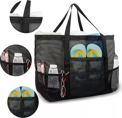 Produktbild von Strandtasche minimalistisch Netz schwarz 43x39x20cm TP12