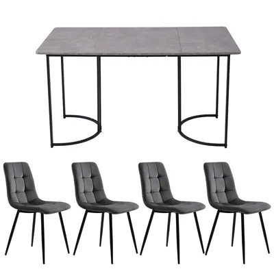Produktbild von Flieks Essgruppe Esstisch mit 4 Esszimmerstuhl, Sitzgruppe Küchentischset 5tlg., Küchentisch mit 4 Esszimmerstuhl, Stuhl mit Samtbezug, Grau