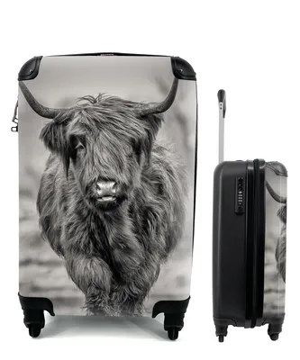Produktbild von MuchoWow® Koffer Handgepäck Trolley Rollkoffer Kleine Reisekoffer mit 4 Rollen - Schottischer Highlander - Schwarz und Weiß - Cabin Size < 55x40x23 cm & 55x40x20 cm - Fotokoffer - Kabinenkoffer - Boardgepäck - Reise-Box - Reisekoffer - Reisegepäck - Koffer mit Bild - Trolley für Kinder