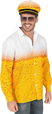 A man wearing a beer-themed costume shirt and hat, with sunglasses.