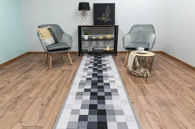 Produktbild von IDEN Teppichläufer 67x300 cm Kurzflor Designer Läufer in Grau Antirutsch Würfel Muster Gel Basis Teppich