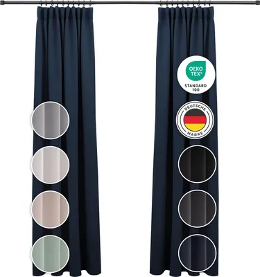 Two navy blue curtains hanging from a curtain rod, with circular swatches of different colors and textures displayed next to them. One curtain also features certification logos.