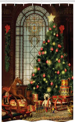 Produktbild von ABAKUHAUS Weihnachten Schmaler Duschvorhang, Weihnachtsbaum, Badezimmer Deko Set aus Stoff mit Haken, 120 x 180 cm, Braun Grün Rot