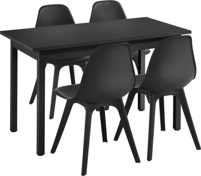 A black dining table with four black chairs.