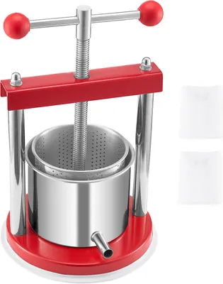 A manual stainless steel fruit press for winemaking.