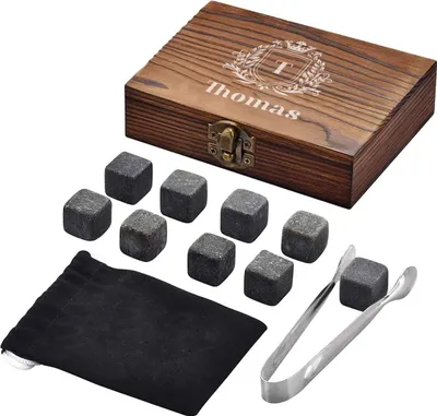 Produktbild von 5-teilige personalisierte Set Whiskystenen mit Gläsern und Zubehör - ideal für Whiskey, Rum und Bourbon