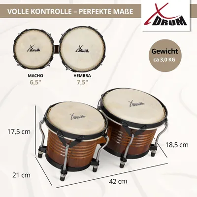Produktbild von XDrum Bongos Pro Tobacco - 2 Trommeln mit 6,5" (17 cm) und 7,5" (20 cm) Durchmesser - Bongotrommeln mit stimmbaren Naturfellen und Stimmschlüssel