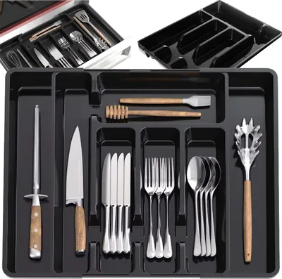 Obrázek produktu pro Zásobník na příbory Nastavitelný 28-45 cm Malý na lžíce vidličky nože kuchyňské náčiní 5-7 přihrádek Zásuvková vložka kuchyňská černá 24748