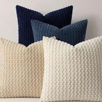 Immagine prodotto di Set di 4 federe 45x45 cm in velluto a coste, stile boho, blu e beige, per divano