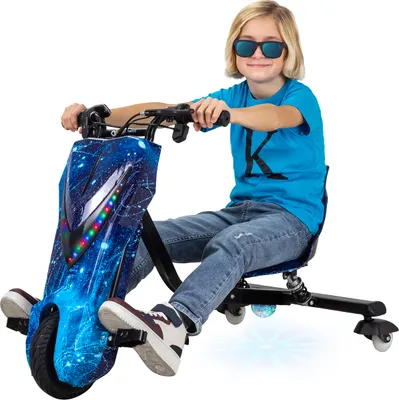 Produktbild von Kinder Elektro Drift Trike | Drift Scooter - Bis zu 15km/h - LED Driftrollen 360° - Hupe - Drosselbar (Space Blue)