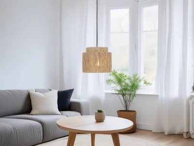 Produktbild von Skandinavische LED Boho Pendelleuchte einflammig hängend über Esstisch, Ø31cm