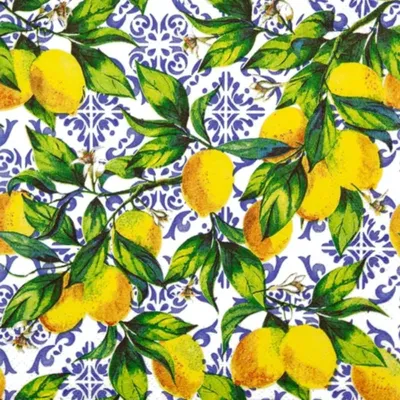 Immagine prodotto di 20 tovaglioli Rami di agrumi su piastrelle - motivo blu sotto i limoni 33x33cm