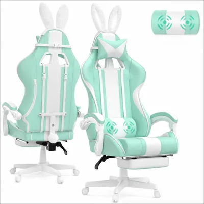 Produktbild von Verdego Gaming-Stuhl, Computerstuhl mit Fußstütze – Schreibtischstuhl mit Hasenohren-Verzierung, Ergonomischer Gaming Sessel, Bürostuhl Grün