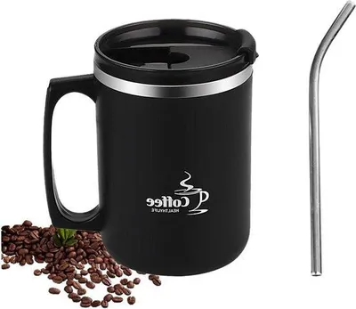 Produktbild von Famanu Isolierte Kaffeetasse mit Griff und Deckel - Wiederverwendbare Edelstahl-Tasse für Zuhause, Büro, Camping und Outdoor - Schwarz