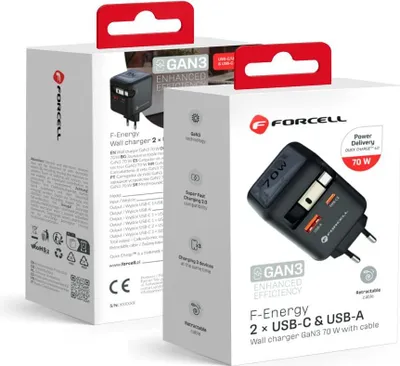 Zdjęcie produktu dla Ładowarka podróżna FORCELL F-ENERGY GaN III VT-R7 ze zwijanym kablem typu C i portami ładowania 1x typu C, 1x USB A PD QC4.0 3A 70W szara