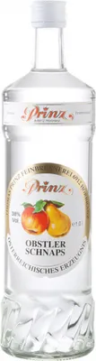 A clear shot of a bottle of Prinz Obstler Schnaps on a white background.
