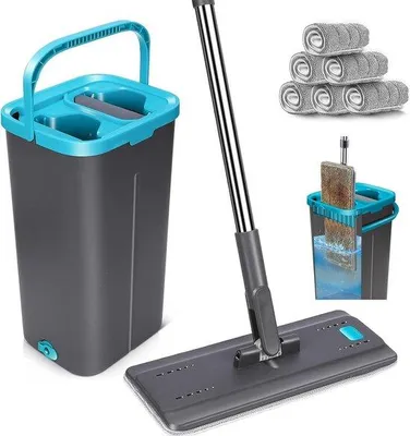 Produktbild von Unyqoos® Flachmopp-Set – 141 cm Bodenwischer mit Auswringfunktion, 6 Mikrofasertücher, verstellbarer Edelstahlgriff (31.2–55.5 inches), 360°-Gelenk, Grau/Blau