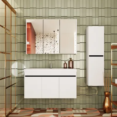 Produktbild von KAREN banyo Badmöbel Set Venus 100 Weiß | Keramikwaschbecken | Unterschrank | Spiegelschrank | Softclose-Türen & unsichtbare Griffe | Futuristischer Stil | Badezimmermöbel Waschtischunterschrank