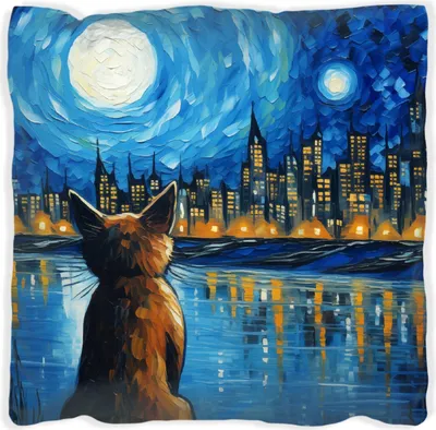 Produktbild von Wallario Premium Kissen, weiche Oberfläche, mit Motiv Katze im Mondschein, Größe: 60 x 60 cm, mit weißer Rückseite