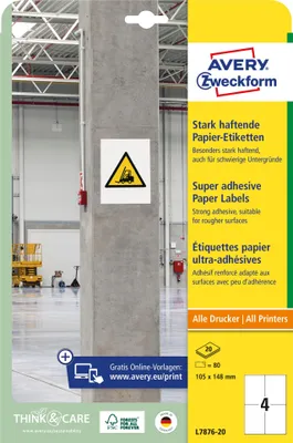 Produktbild von Avery Zweckform L7876-20 Stark haftende Papier-Etiketten, 105 x 148 mm, 20 Bogen/80 Etiketten, weiß