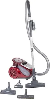 A red and gray bagless vacuum cleaner with several attachments is displayed against a white background.