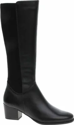A studio shot of a single black boot against a white background.