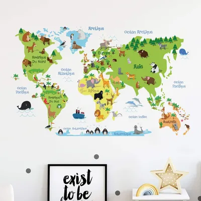 Immagine prodotto di Adesivo per bambini | Adesivo murale a forma di mappa del mondo – Decorazione per la parete della cameretta dei bambini | 60