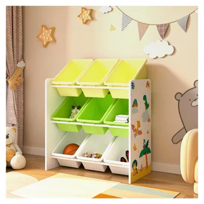Produktbild von Kinderregal Muxía mit 9 Aufbewahrungsboxen im Dinosaurier-Design für das Kinderzimmer