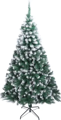 A full shot of a green artificial Christmas tree with white snow-like accents, standing on a black metal stand against a white background.