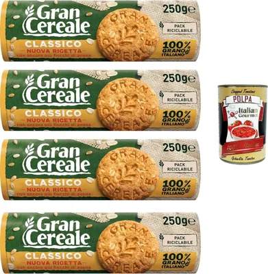 Produktbild von GranCereale Classico Kekse 4x250g | Vollkornkekse mit extra Haferflocken – knusprig, ballaststoffreich, recycelbare Packung, 100% italienisches Getreide + Italian Gourmet polpa