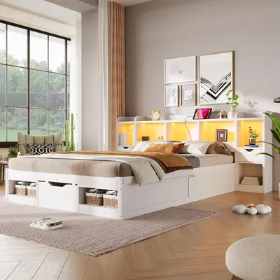 Produktbild von Flieks Jugendbett Doppelbett 140x200cm mit Schubladen und Staufächern, Holzbett Klassisches Bett mit Led und Ladefunktion, Stauraumbett Weiß