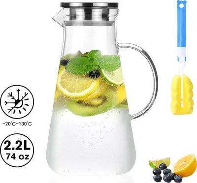 Produktbild von Wasserkaraffe 2,2 L, Glaskaraffe mit Edelstahldeckel, GlasKrug aus Hitzebeständigem Borosilikatglas, Kühlkaraffe Karaffen für Wasser, Obstssaft, Tee