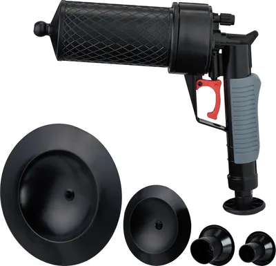 Produktbild von Relaxdays Pressluft Rohrreiniger, 4 Aufsätze für WC, Dusche, Waschbecken, Rohrreinigung chemiefrei, Rohrpistole, schwarz
