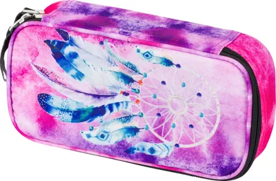 A pink and purple tie-dye patterned pencil case with a dreamcatcher design.