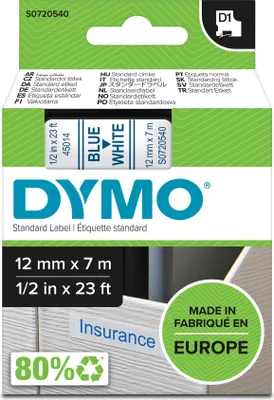 Produktbild von DYMO Original D1-Etikettenband | blau auf weiß | 12 mm x 7 m | selbstklebendes Schriftband | für LabelManager-Beschriftungsgerät