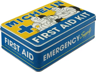 A rectangular tin box with a lid, designed as a first aid kit.
