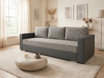 Produktbild von Schlafsofa Bird - Sofa mit Schlaffunktion und Bettkasten, Klappsofa, Schlafcouch mit Chromfüße, Couch, Couchgarnitur, Sofagarnitur (Grau + Grau (Dolaro 04 + Berlin 01))