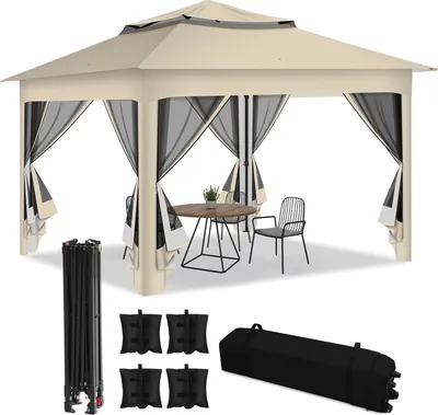 Obrázok produktu pre TolleTour Pavilón 3,3 x 3,3 x 2,7 m, skladací pavilón, záhradný stan so 4 bočnými stenami z gázy, UV ochrana 50+, dvojitá strecha, béžová