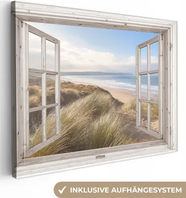 Produktbild von MuchoWow® - Leinwandbilder - Durchblick - Strand - Meer - Dünen - Strandgras - Sand - Blau, Wandbild, Wanddeko Bilder Wohnzimmer, 120x90cm