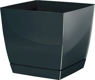 A dark gray square planter with a matching saucer is shown against a white background.