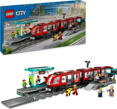 Produktbild von LEGO City Straßenbahn mit Haltestelle, Geschenkidee für Fans von Fahrzeug-Spielzeug ab 7 Jahren, mit 6 Minifiguren und einem Blindenhund für Rollenspiele, Bauspielzeug 60423